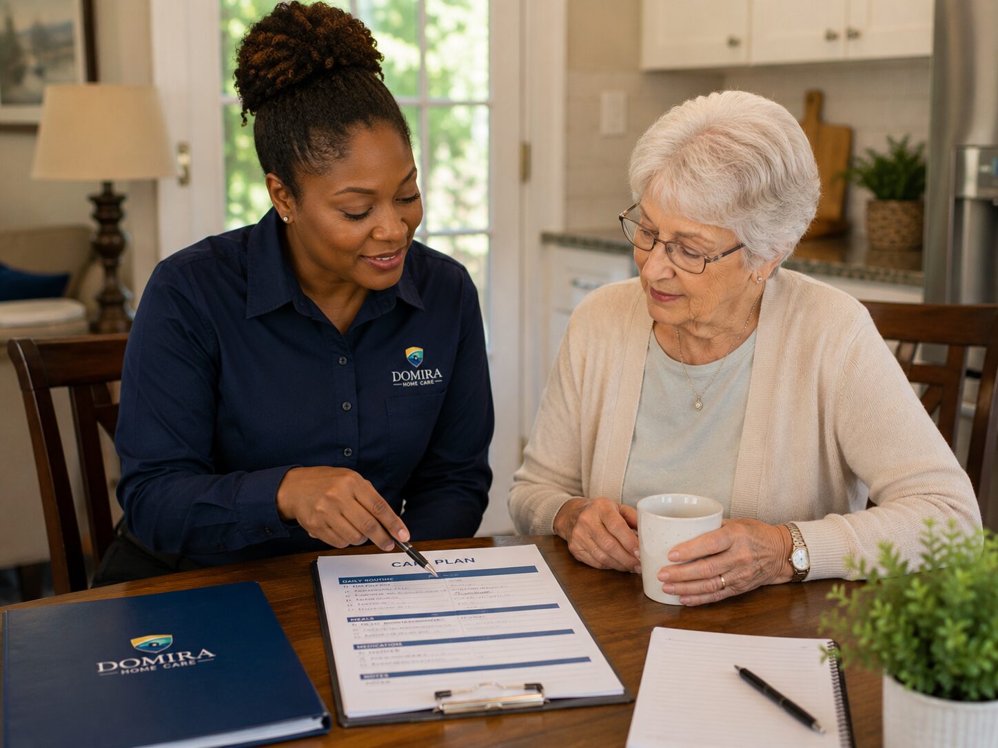 Caregiver meeting with a client about care options