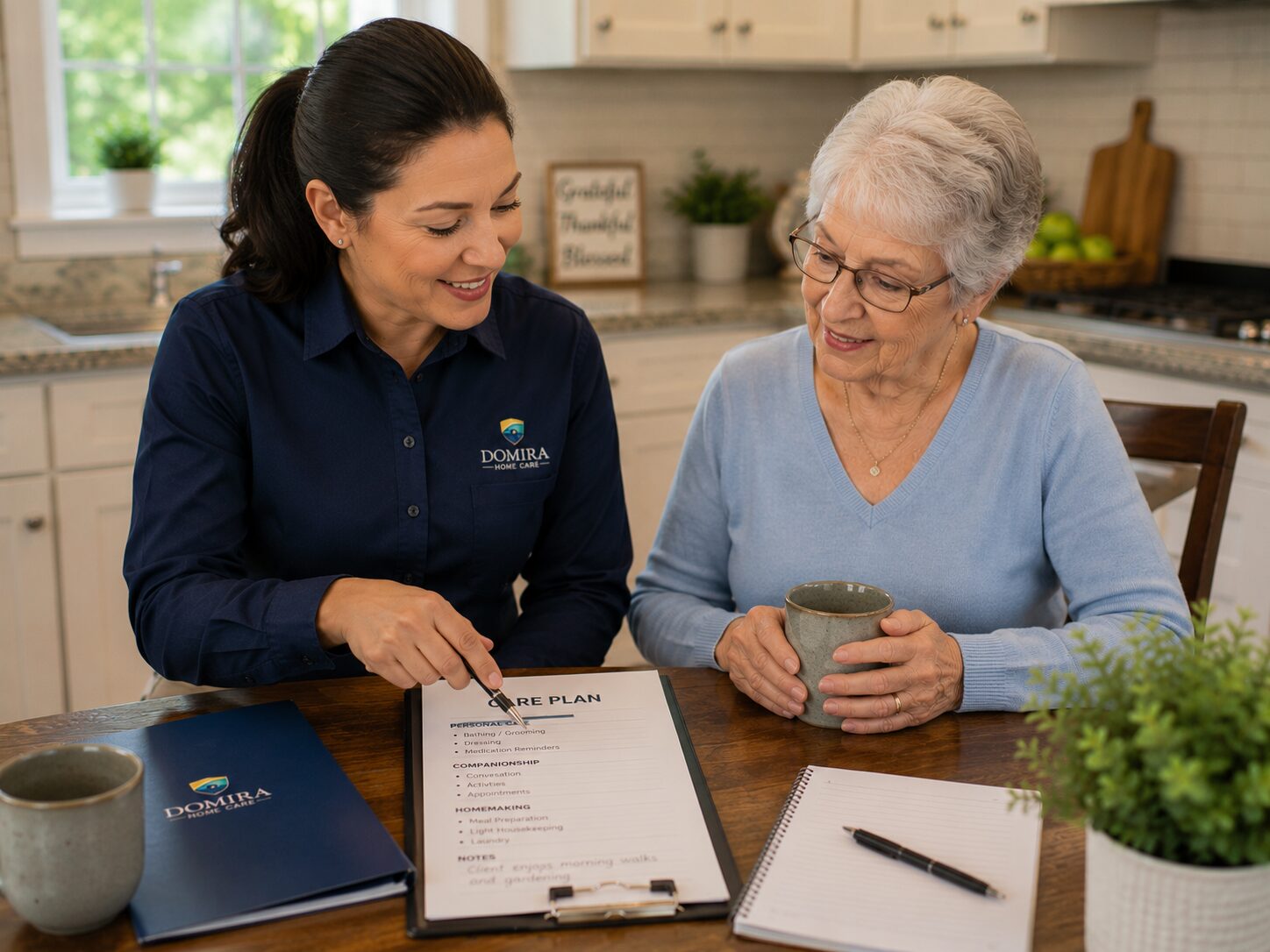 Caregiver reviewing home care costs with a client