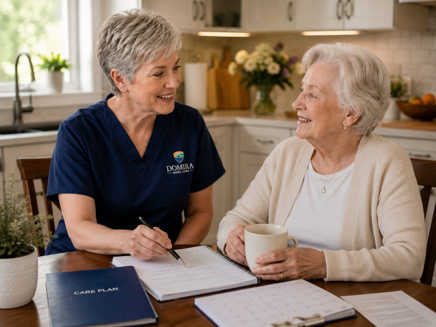 Domira caregiver reviewing a care plan with a client