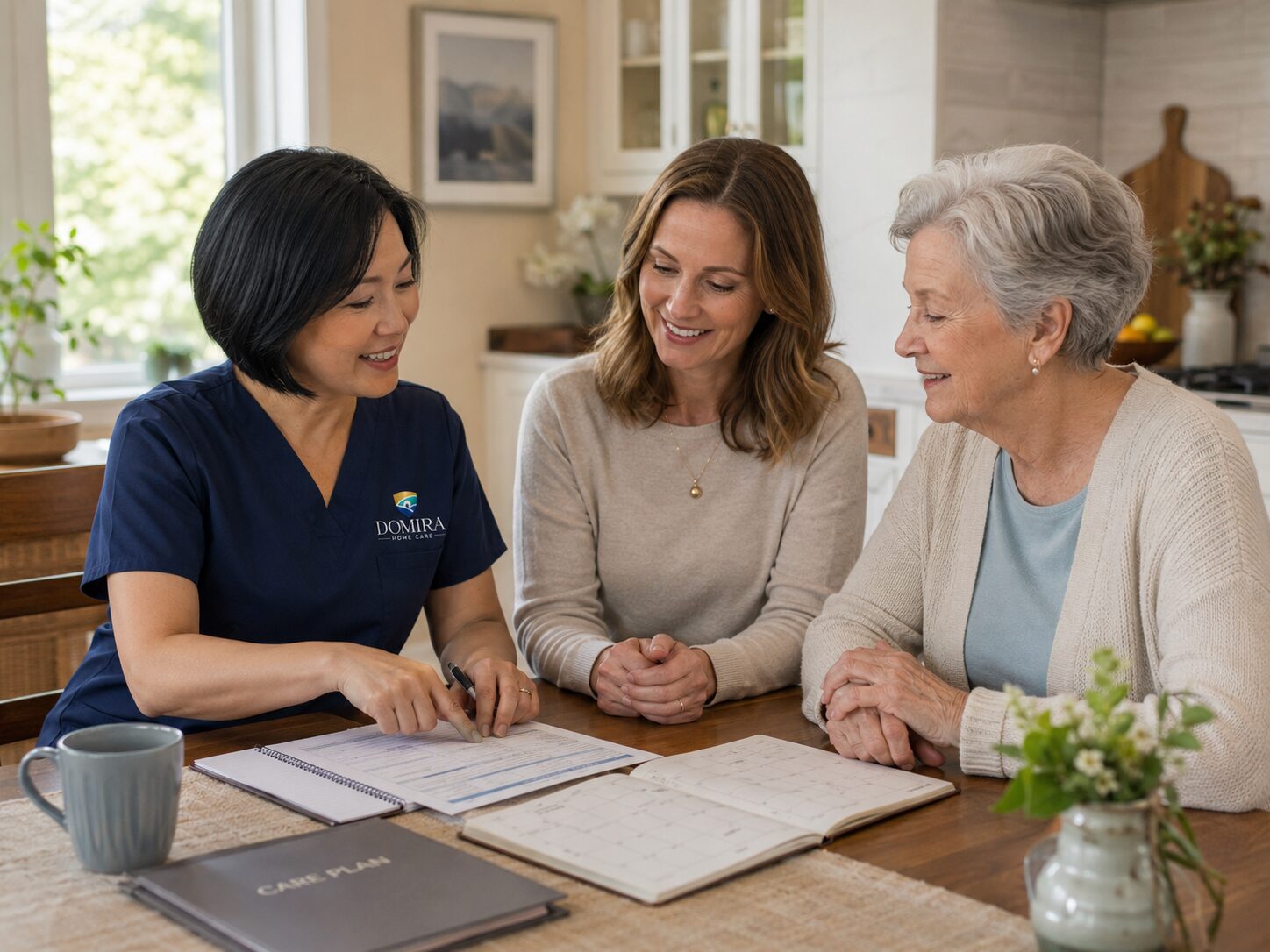Adult daughter talking with her aging parent about home care