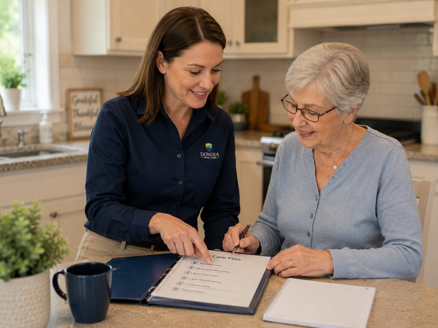 Caregiver reviewing a care routine with a client