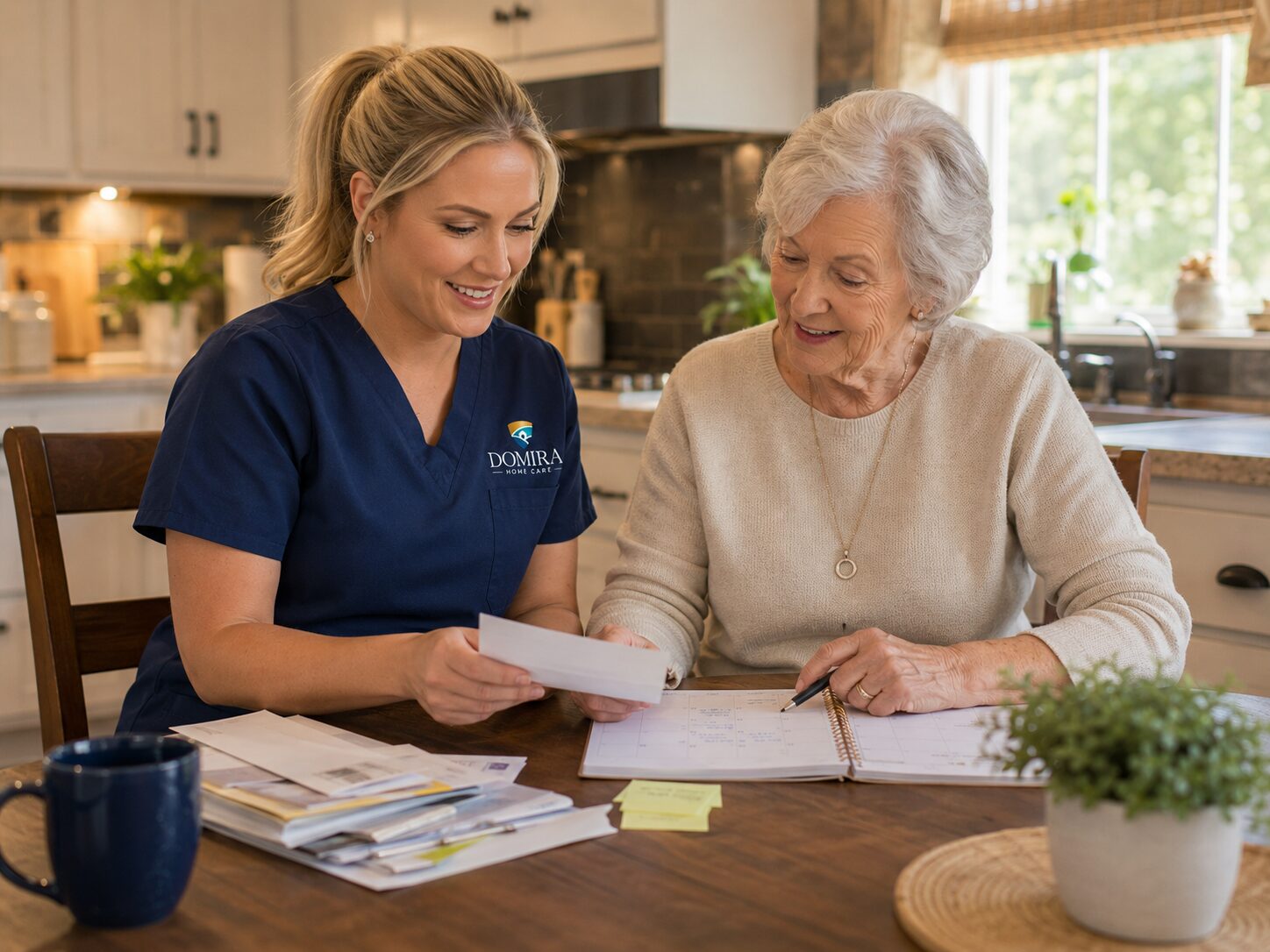 Caregiver reviewing household reminders with a senior