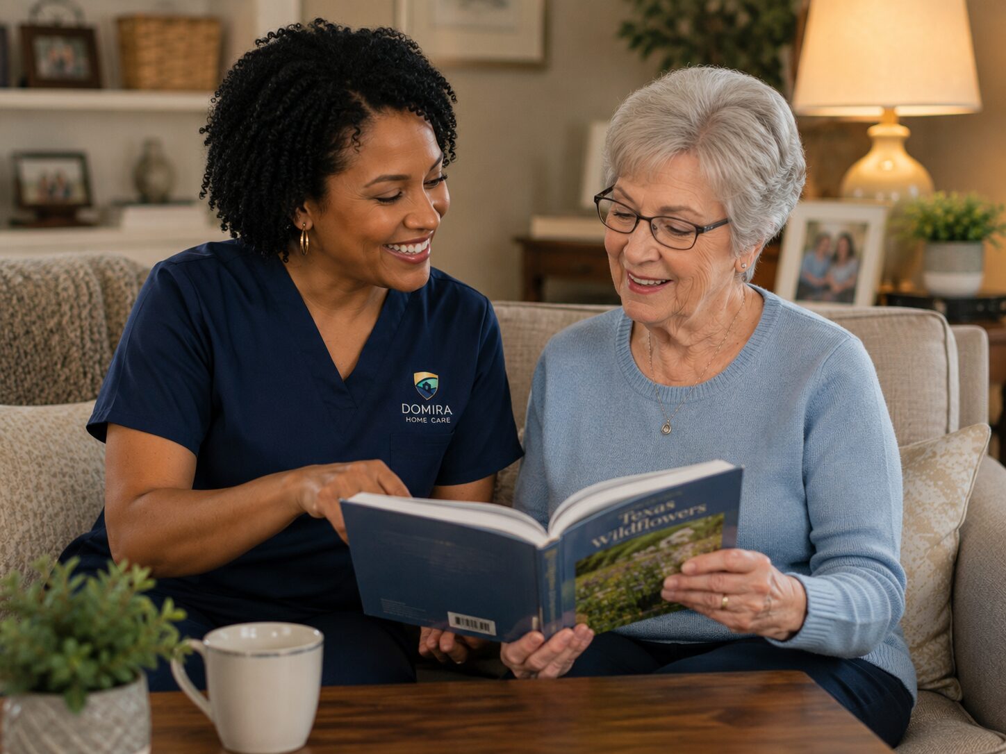 Caregiver and client reading together