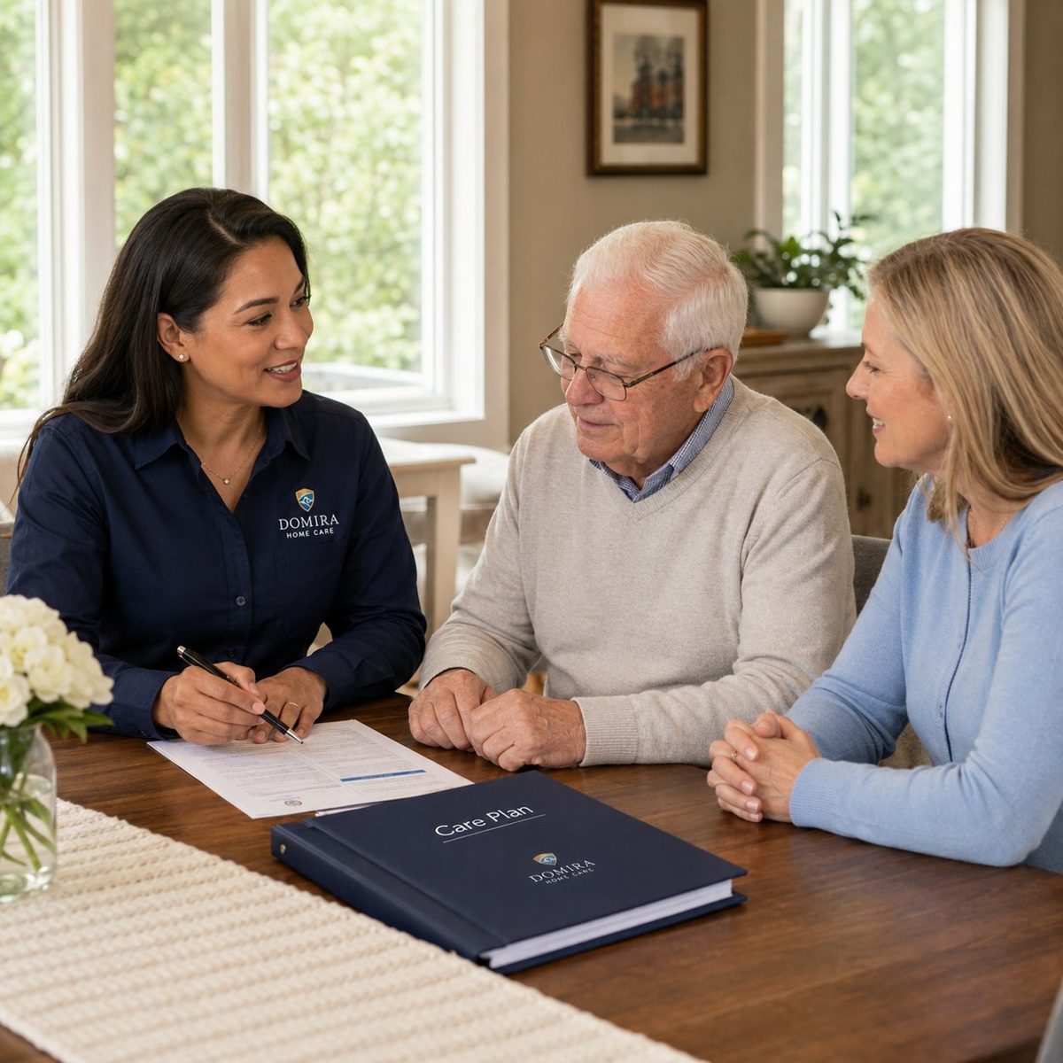 Domira care supervisor reviewing the Care Plan with a client and family member during an in-home consultation