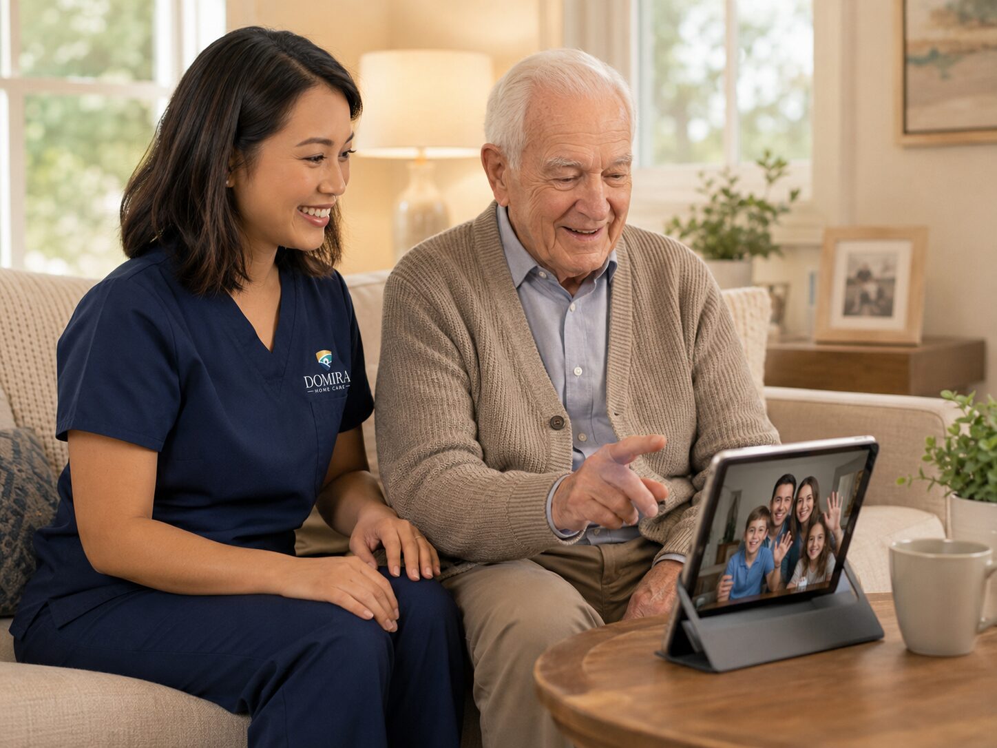 Caregiver supporting a family video call