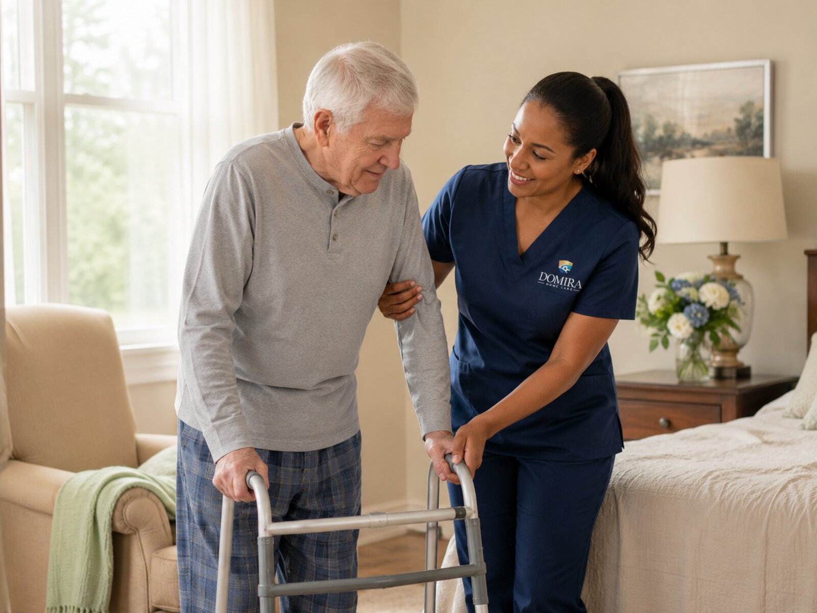 Caregiver assisting senior with walker