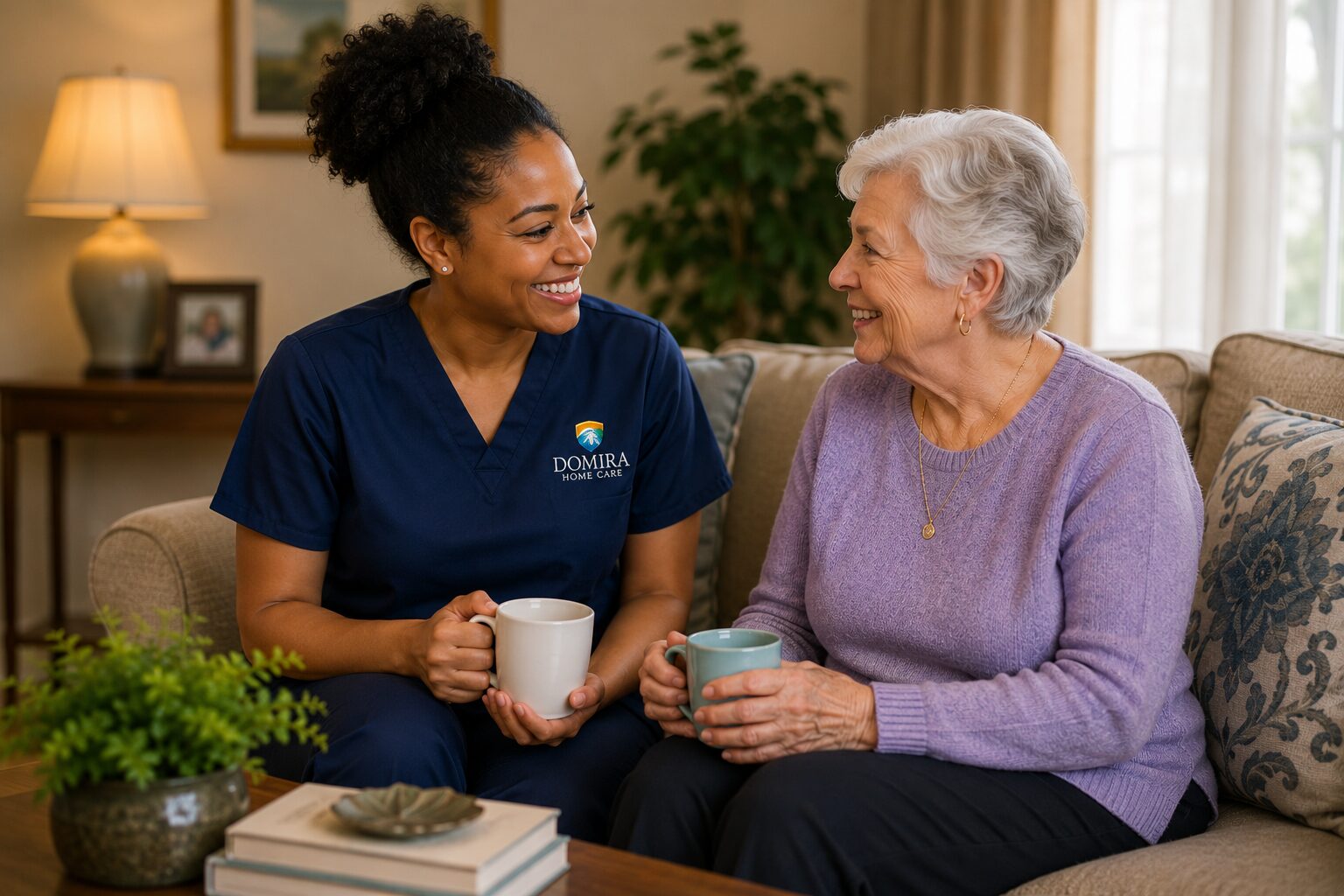 Caregiver sharing dinner with senior client