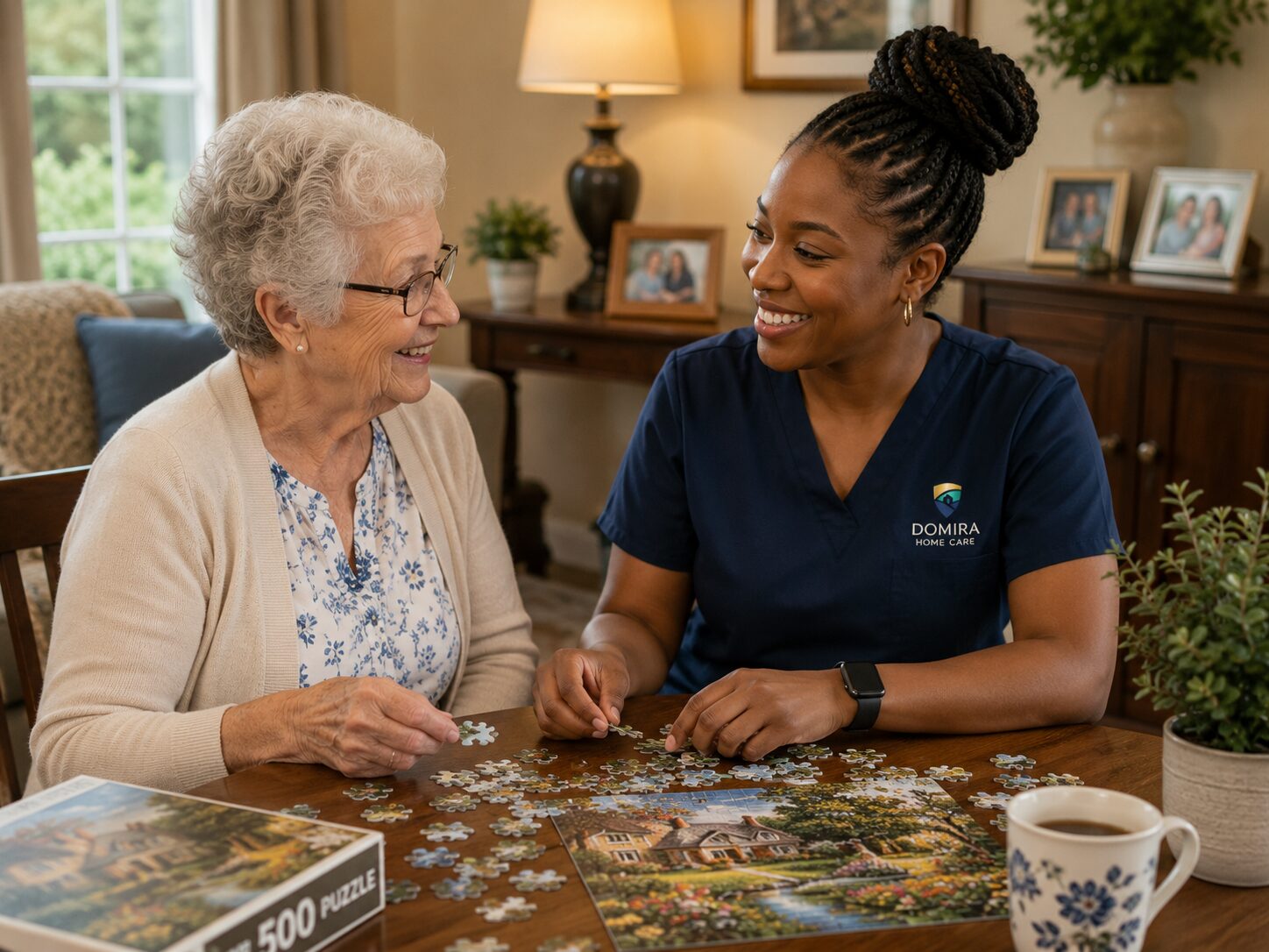 Caregiver looking through photo album with senior