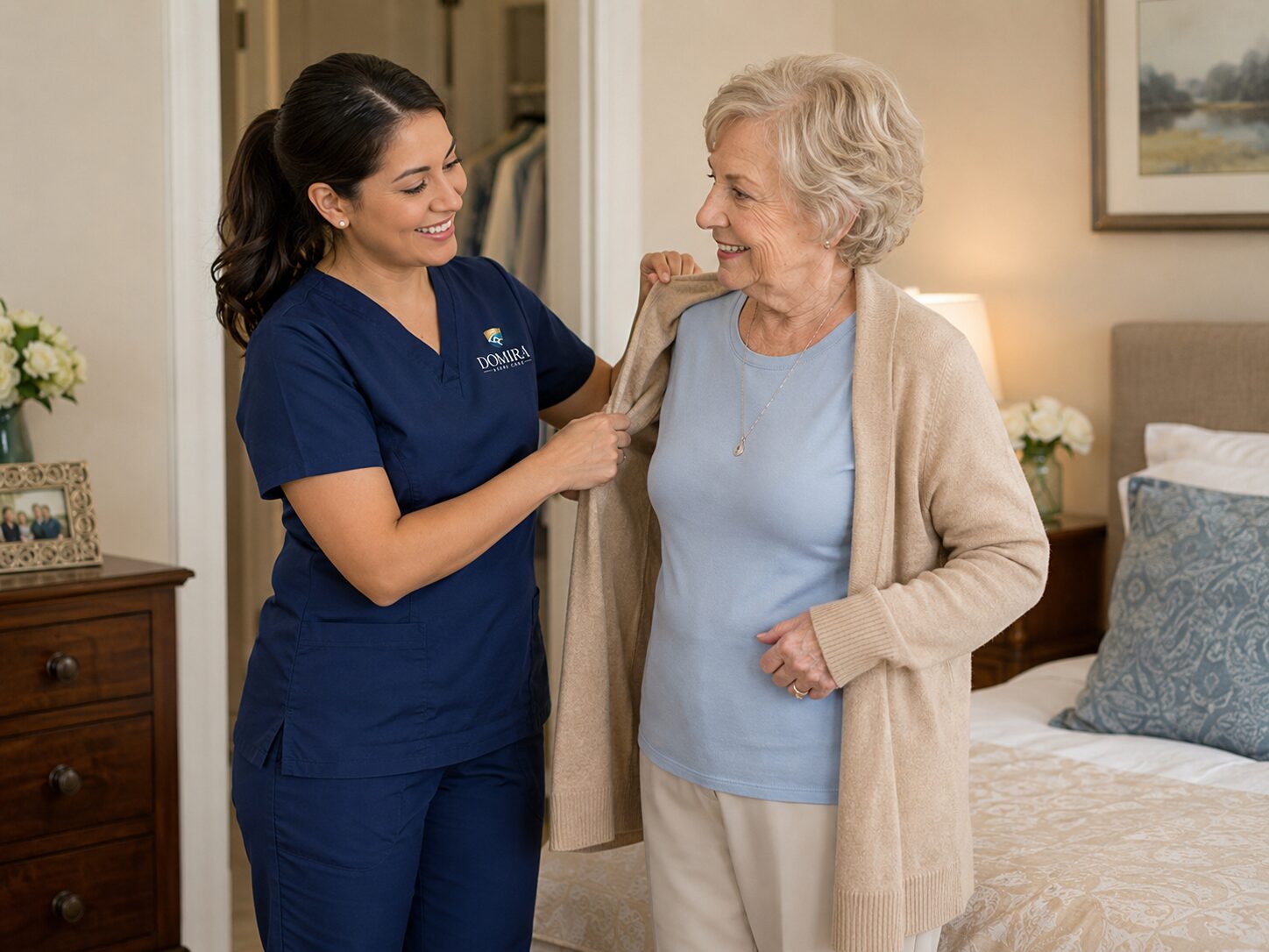 Caregiver helping senior with morning dressing