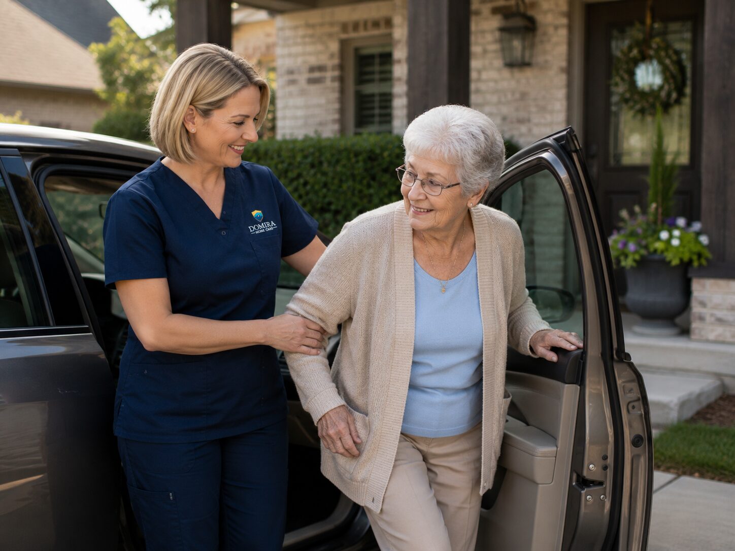 Caregiver assisting senior after medical appointment